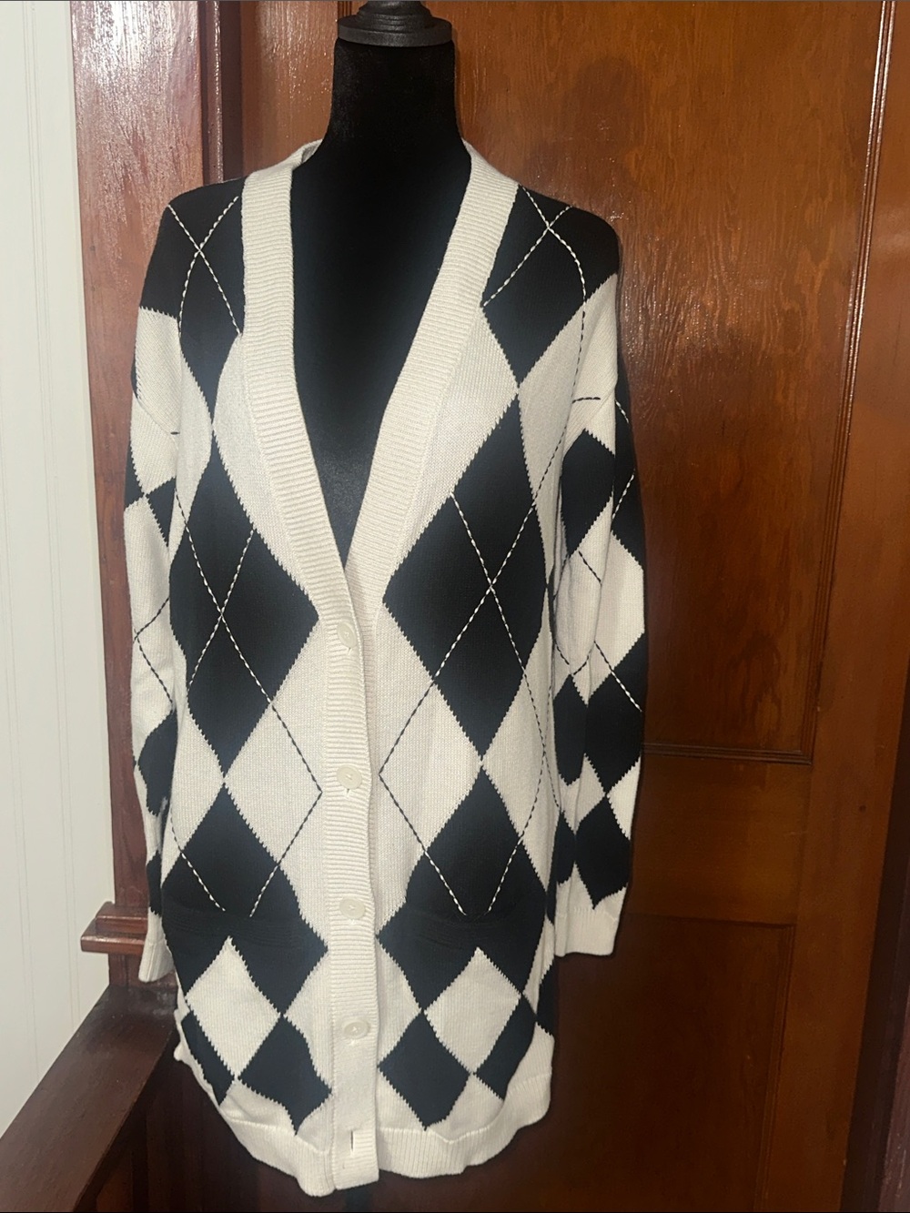 Talbots Black and White Argyle Button-Front Cardigan
